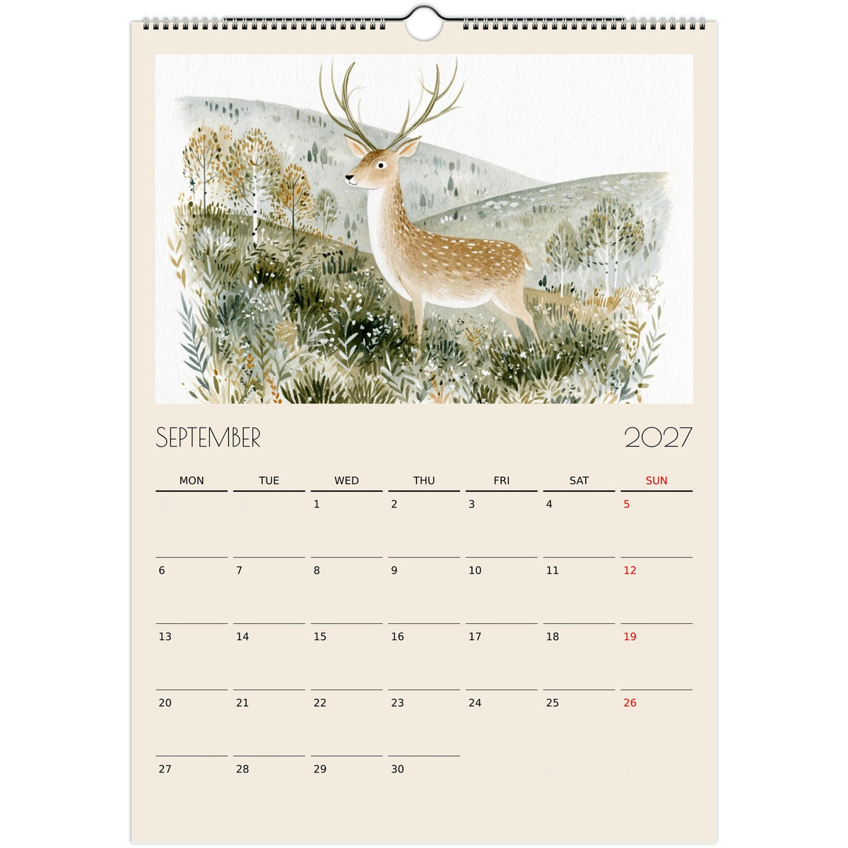 Wildlife Illustrated A3 Wall Calendar 2027 by Salt Air Gallery featuring animal illustrations on print material for nature lovers.