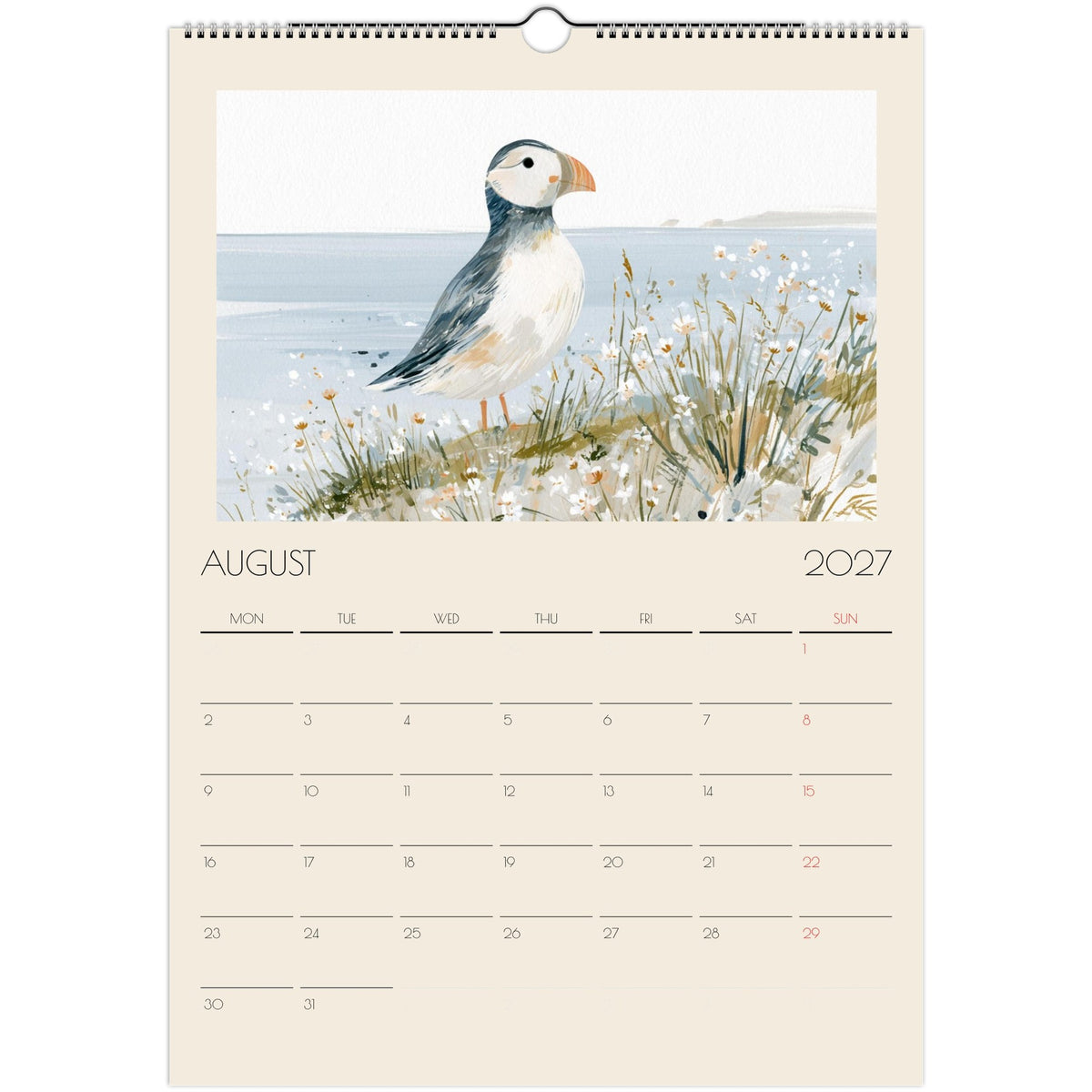 Wildlife Illustrated A3 Wall Calendar 2027 by Salt Air Gallery, featuring animal illustrations for each month on printed paper.