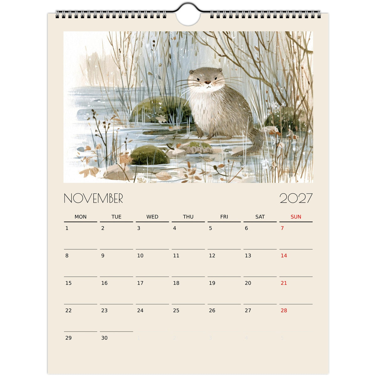 Wildlife Illustrated Wall Calendar 2027 by Salt Air Gallery featuring whimsical country wildlife illustrations, 8x11.5 inches print.