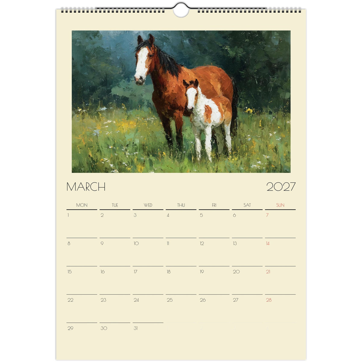 A3 impasto-style horse artwork print from the 2027 Horse Art Calendar UK by Salt Air Gallery, showcasing vibrant horse illustrations.