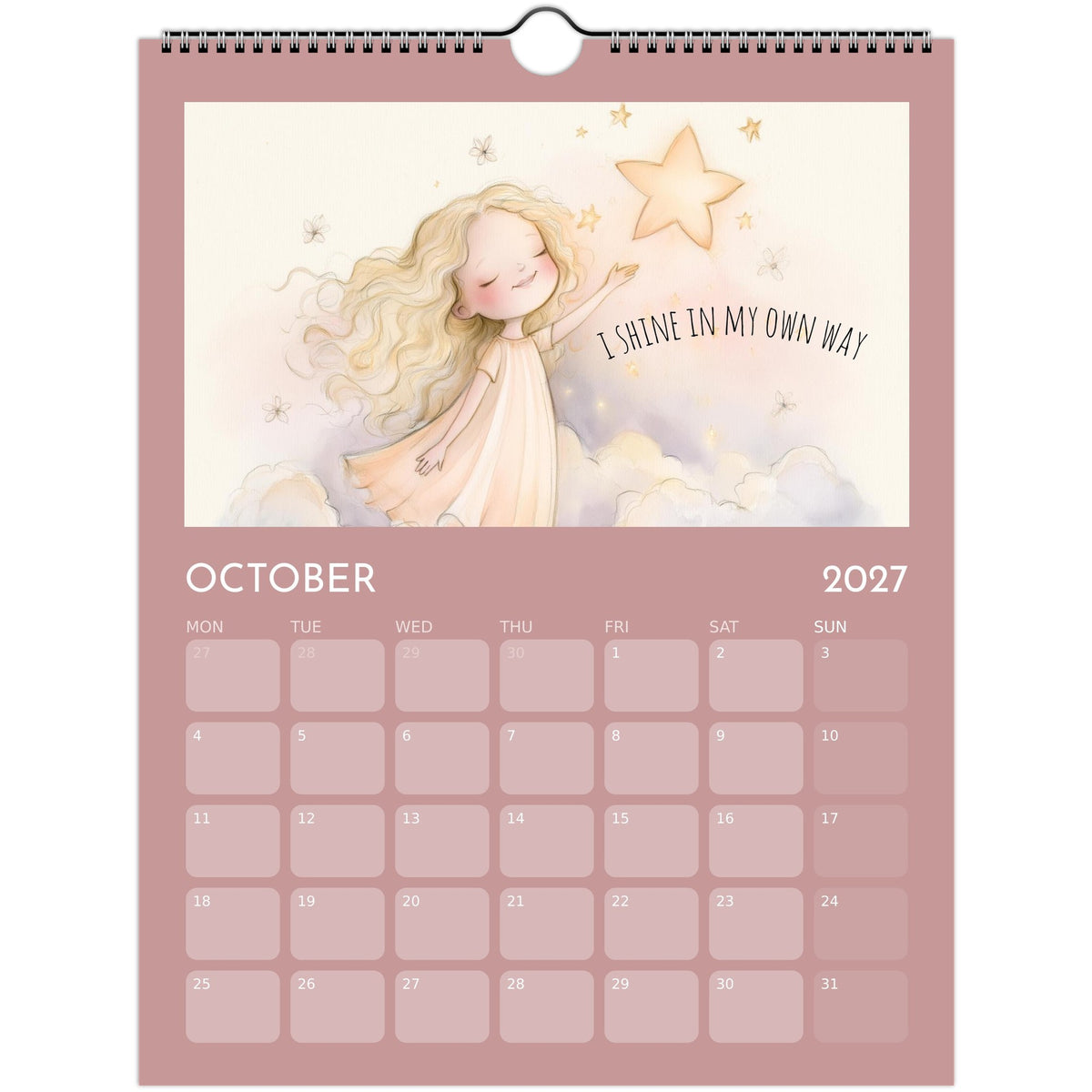 Whimsical Girl Positive Affirmations Wall Calendar 2027 print by Salt Air Gallery, featuring colorful illustrations and motivational quotes.
