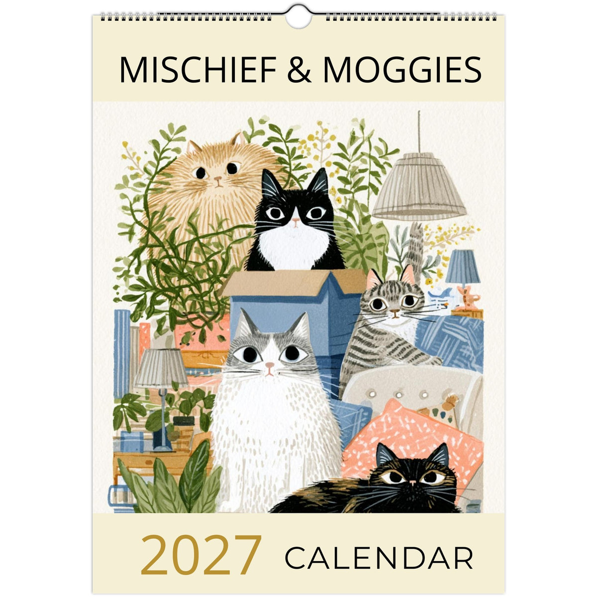 A playful illustration of mischievous cats from the Mischief & Moggies! 2027 Wall Calendar by Salt Air Gallery, printed on high-quality paper.