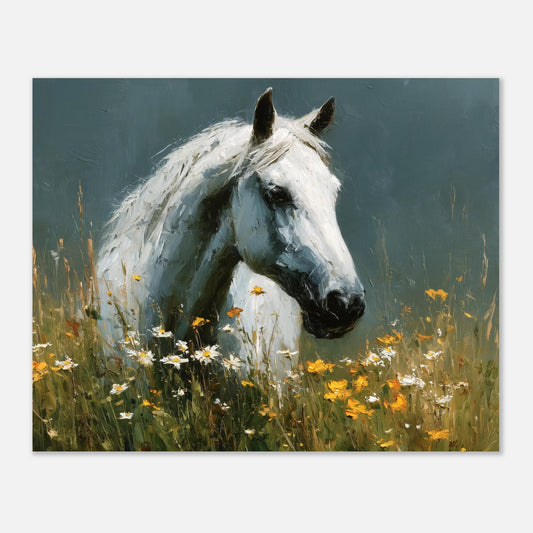 White horse oil painting art print in impasto style, featuring a grey horse, on durable print material from Salt Air Gallery.