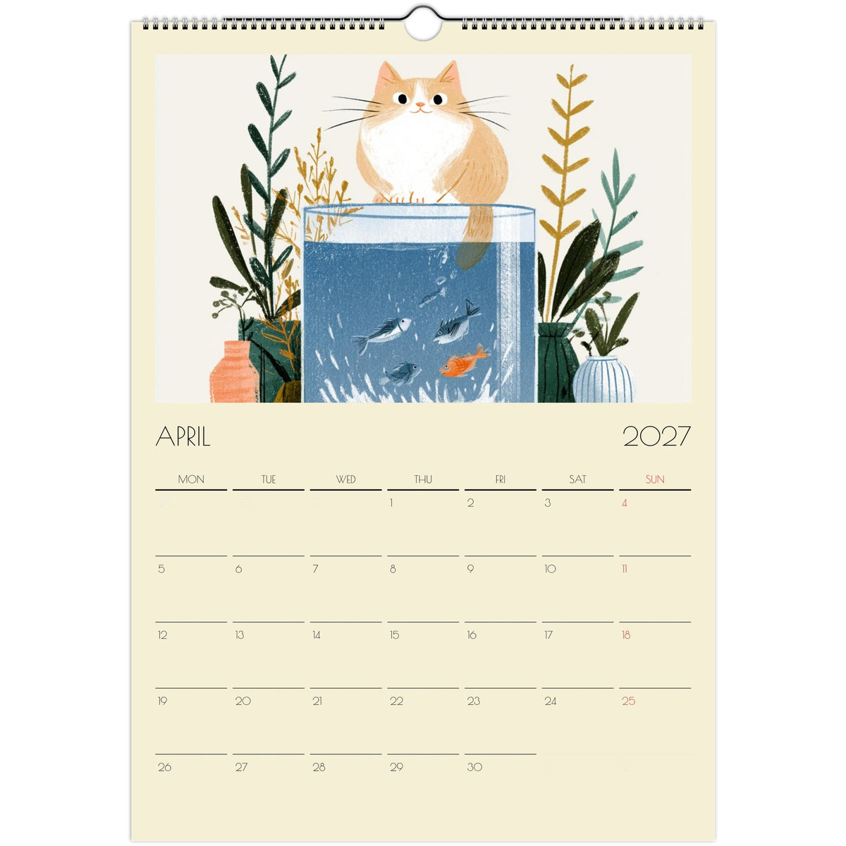 A3 print of Mischief & Moggies! funny cat illustrations wall calendar by Salt Air Gallery, featuring playful cat artwork.