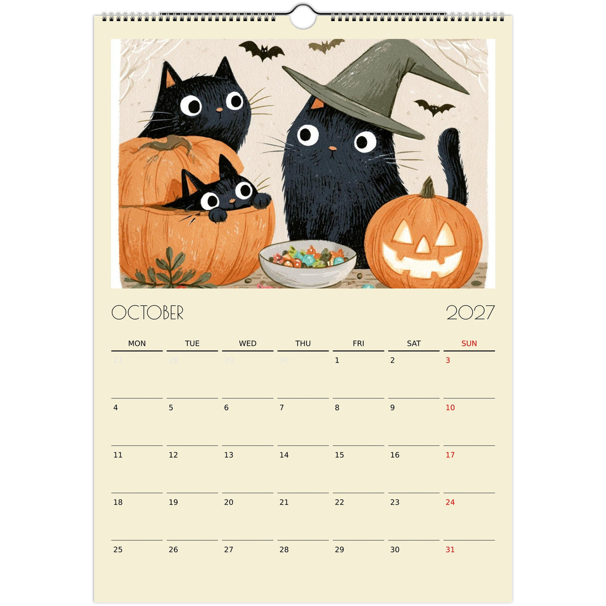 A print material featuring funny cat illustrations from the Mischief & Moggies! 2027 A3 Wall Calendar by Salt Air Gallery.