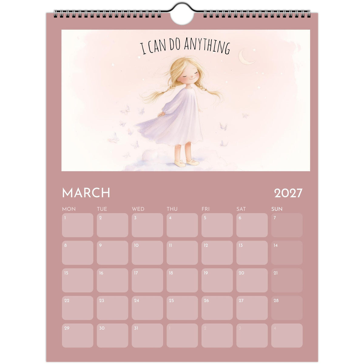 Whimsical girl positive affirmations wall calendar 2027 print by Salt Air Gallery, featuring colorful, inspiring illustrations on 8.5x11 paper.