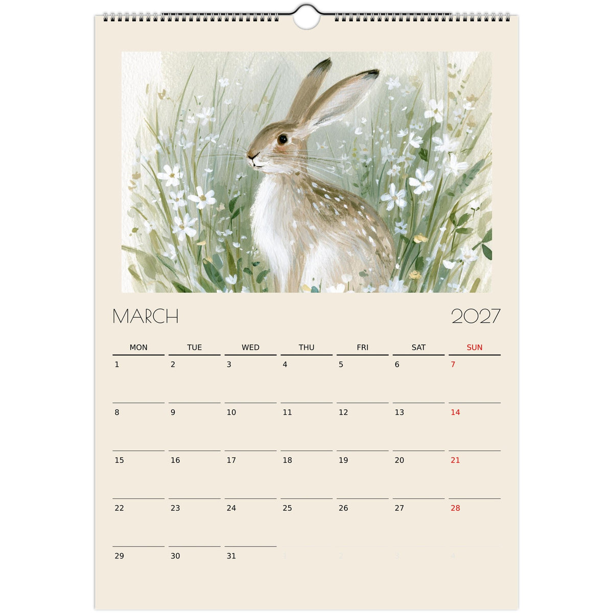 Wildlife Illustrated A3 Wall Calendar 2027 by Salt Air Gallery featuring animal illustrations on print material for monthly planning.