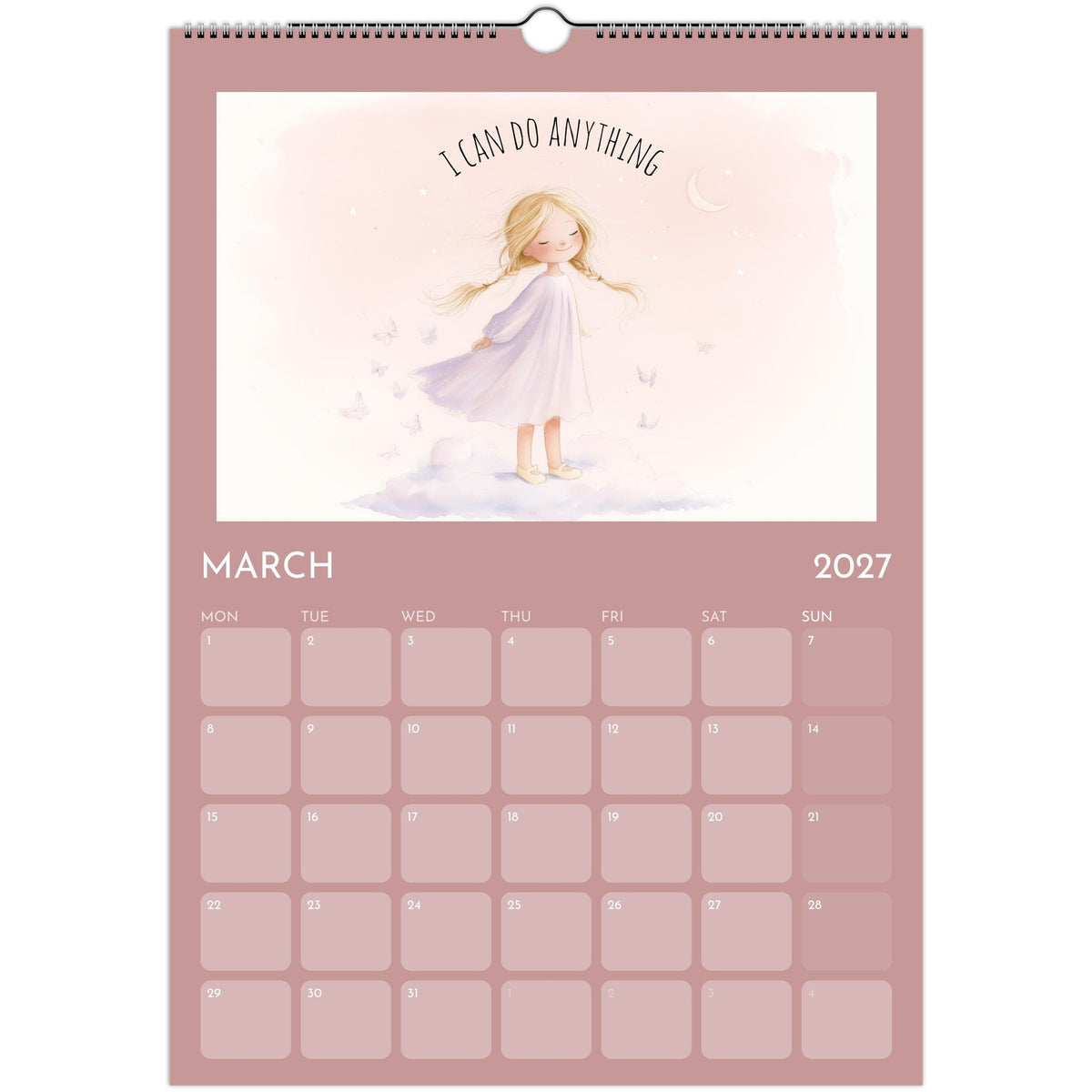Girl positive affirmations A3 wall calendar 2027 print by Salt Air Gallery featuring uplifting quotes on colorful pages.