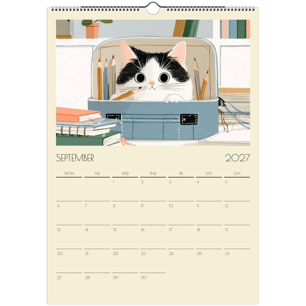 A print of Mischief & Moggies! funny cat illustrations on a Salt Air Gallery A3 wall calendar page.