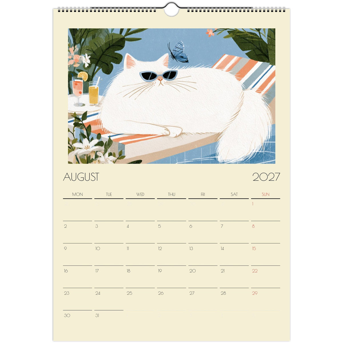 A print of humorous cat illustrations from the Mischief & Moggies! 2027 A3 wall calendar by Salt Air Gallery, featuring playful feline artwork.