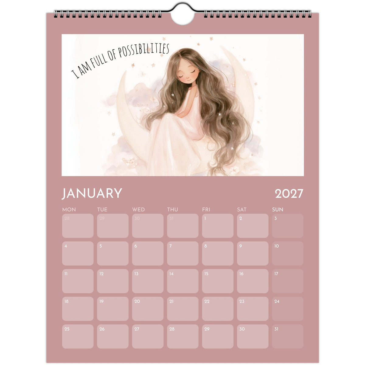 Whimsical Girl Positive Affirmations Wall Calendar 2027 print by Salt Air Gallery featuring uplifting designs on 8.5"x11" paper.