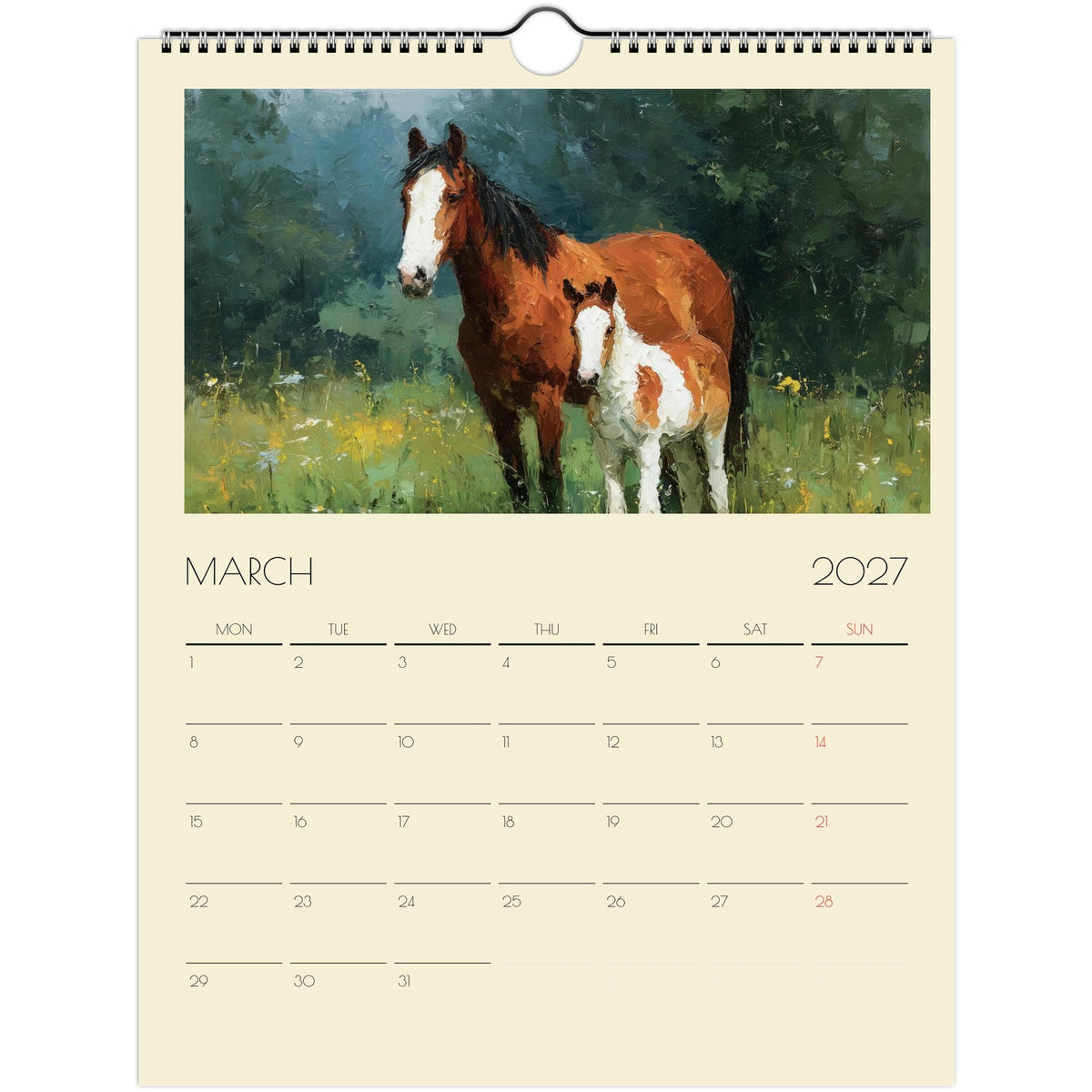 2027 Horse Art Calendar by Salt Air Gallery featuring detailed horse illustrations on print material for US and Canada.