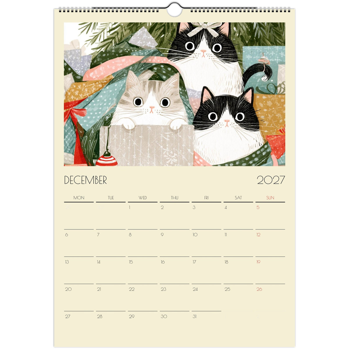 A print of Mischief & Moggies! funny cat illustrations from the Salt Air Gallery A3 wall calendar, featuring playful cat artwork.