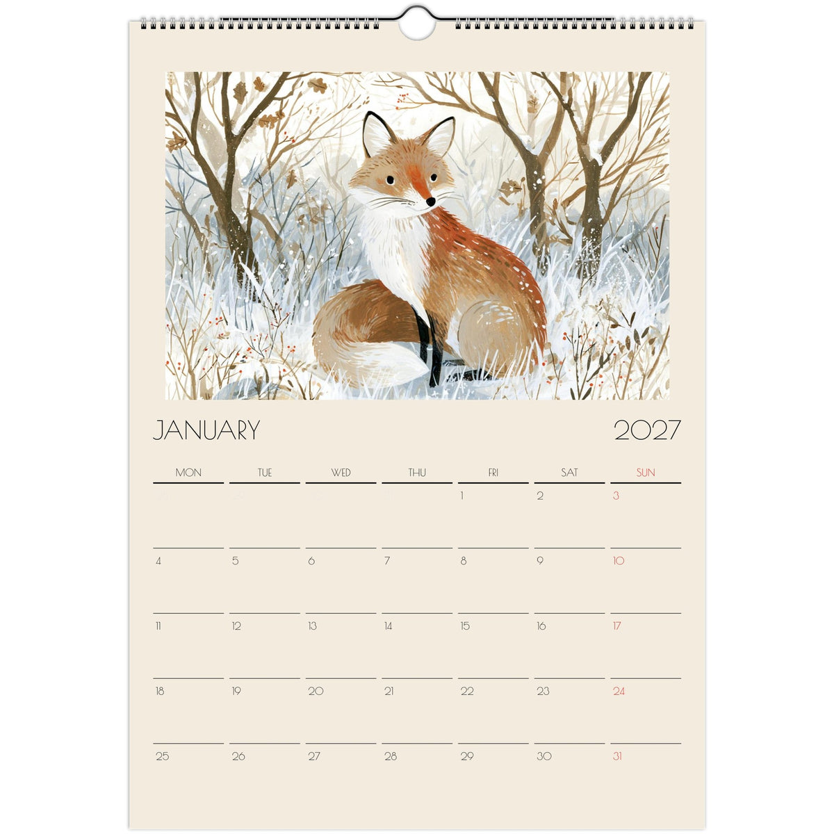 Wildlife Illustrated A3 Wall Calendar 2027 featuring animals in nature, printed on quality material by Salt Air Gallery.