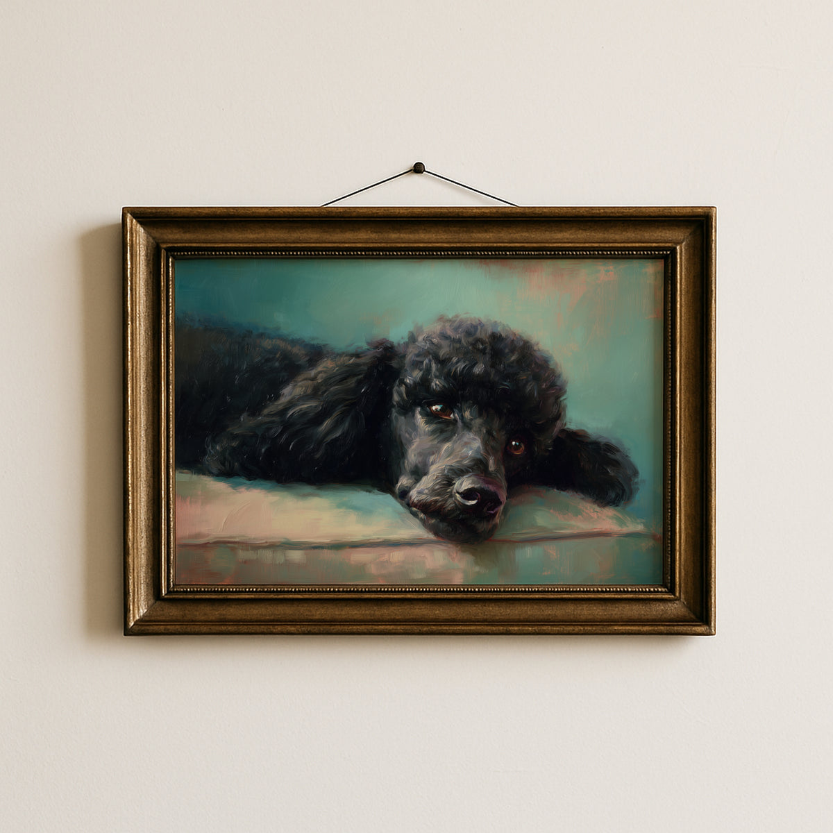 Vintage Black Poodle Oil Painting Print, Landscape Dog Vintage Wall Art