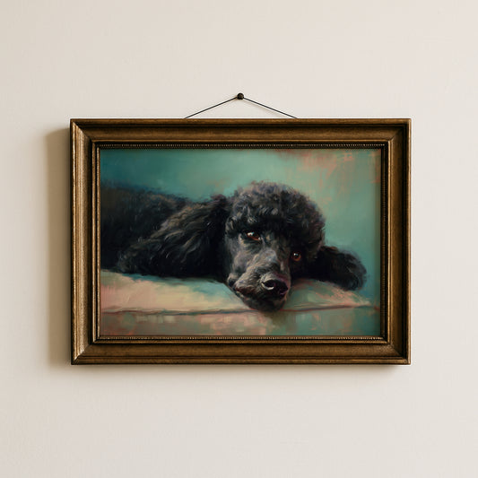 Vintage Black Poodle Oil Painting Print, Landscape Dog Vintage Wall Art