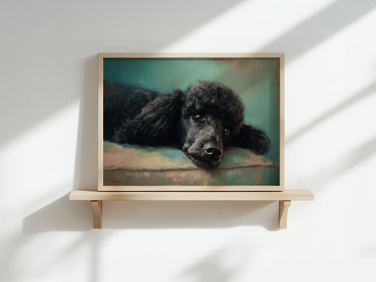 Vintage Black Poodle Oil Painting Print, Landscape Dog Vintage Wall Art