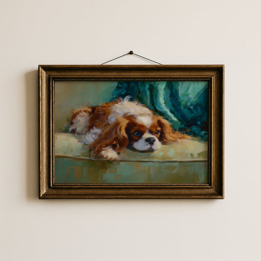 Vintage Blenheim Cavalier King Charles Spaniel Oil Painting Art Print - Victorian Dog Art