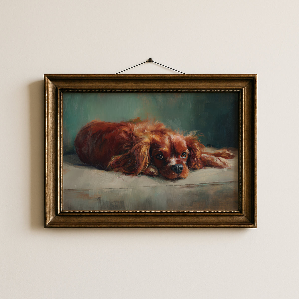 Vintage Red Cavalier King Charles Spaniel Art Print - Landscape Dog Vintage Painting
